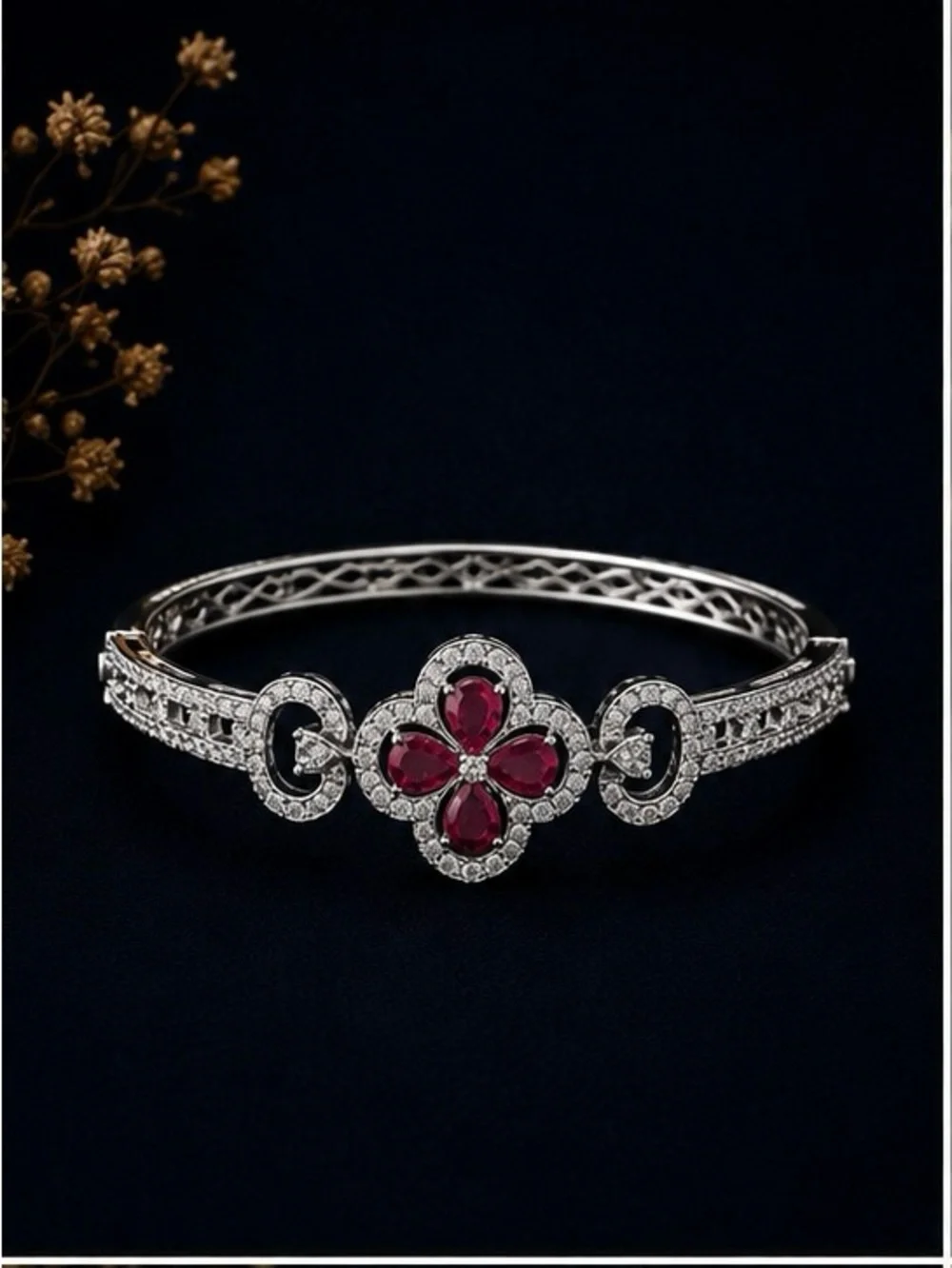 Silver-Tone Bracelet with Pink Floral Gemstone Accent